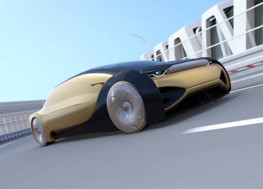 Özerk elektrikli araba karayolu eğrisi hızlı hareket. 3D görüntü oluşturma.