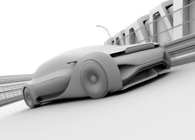 Otoyol üzerinde otonom elektrikli araba geçen eğrisi kil render. 3D görüntü oluşturma.