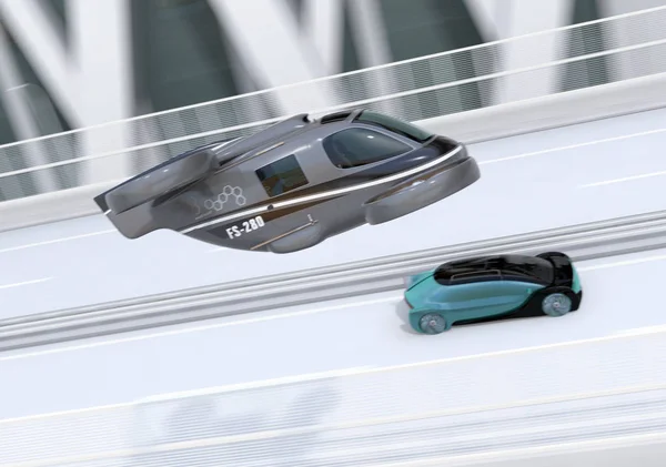 Self-driving Passenger Drone Taxi flying over an autonomous electric car driving on the highway. MaaS concept. 3D rendering image.