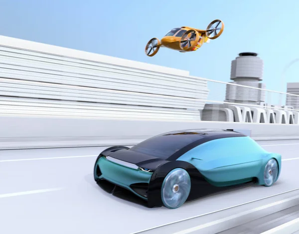 Yellow Self Driving Passenger Drone Taxi Flying Blue Autonomous Electric — Stock Photo, Image