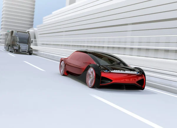 Metallic Rode Autonome Elektrische Auto Rijden Snelweg Rendering Beeld — Stockfoto