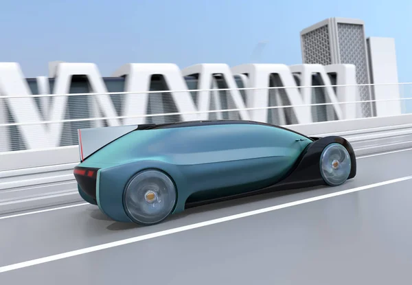 Achteraanzicht Van Metallic Blauwe Autonome Elektrische Auto Beweging Snel Snelweg — Stockfoto