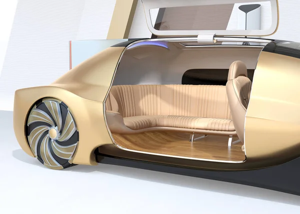 Close-up view of self driving electric car with right door opened. 3D rendering image.