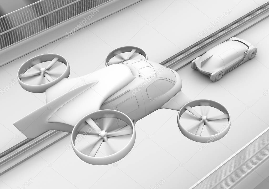 Clay rendering of Self-driving Passenger Drone Taxi flying over an autonomous electric car driving on the highway. 3D rendering image.