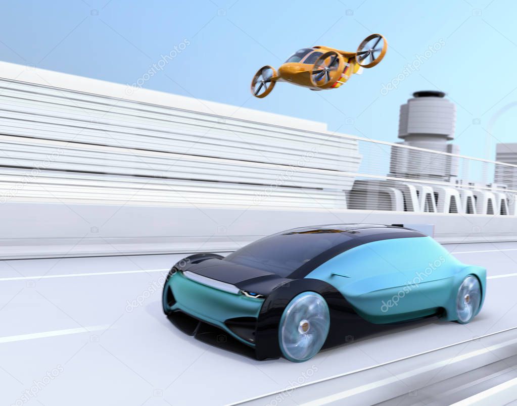 Yellow Self-driving Passenger Drone Taxi flying over a blue autonomous electric car driving on the highway. MaaS concept. 3D rendering image.