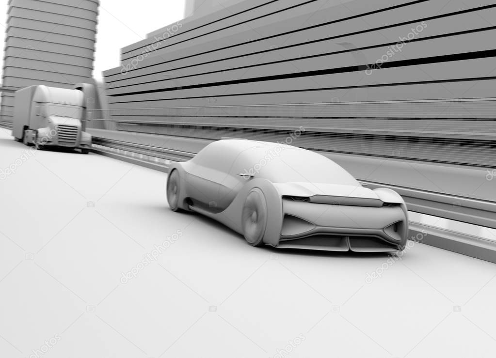 Clay rendering of autonomous electric car driving on highway. 3D rendering image.