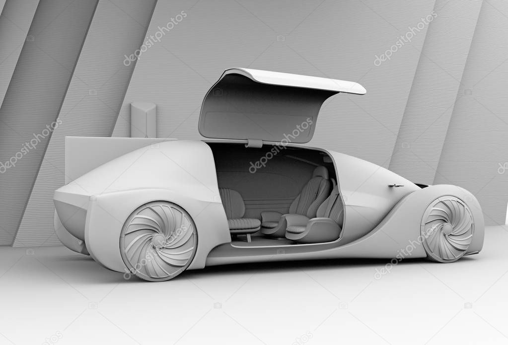 Clay rendering of self driving electric car exterior.  The right door opened and front seats facing backward. 3D rendering image.