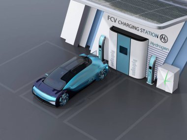 Fuel Cell powered autonomous car filling gas in Fuel Cell Hydrogen Station. 3D rendering image. clipart