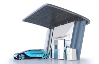 Yakıt hücresi enerjili otonom araba dolum gazı yakıt hücresi hidrojen Istasyonu güneş panelleri ile donatılmıştır. 3D görüntü oluşturma.