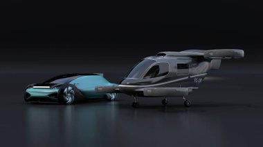 Kara arka planda otonom elektrikli araba ve yolcu drone Park. Maas konsepti. 3D görüntü oluşturma.