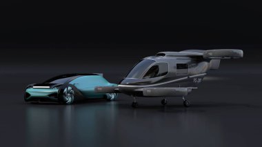 Autonomous electric car and passenger drone parking on black background. MaaS concept. 3D rendering image. clipart