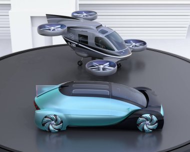 Metalik mavi otonom elektrikli araba ve yolcu drone Park Heliport üzerinde. Maas konsepti. 3D görüntü oluşturma.