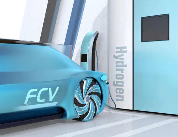 Close-up view of Fuel Cell powered autonomous car filling gas in Fuel Cell Hydrogen Station. 3D rendering image.