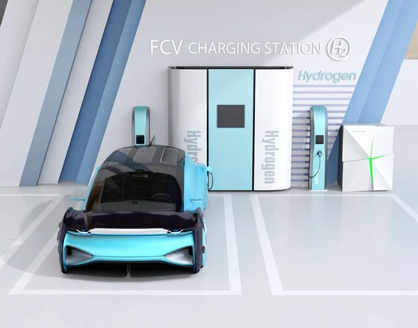 Fuel Cell powered autonomous car filling gas in Fuel Cell Hydrogen Station. 3D rendering image.
