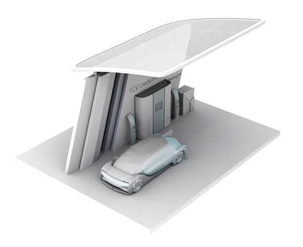 Fuel Cell powered autonomous car filling gas in Fuel Cell Hydrogen Station. Clay and transparent texture shading effect. 3D rendering image.