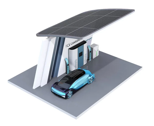 Fuel Cell powered autonomous car filling gas in Fuel Cell Hydrogen Station equipped with solar panels. 3D rendering image.