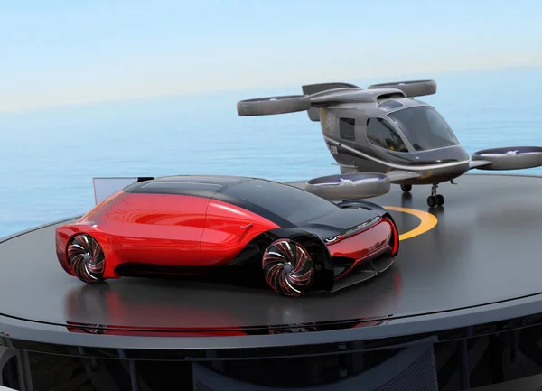 Coche Eléctrico Autónomo Rojo Estacionamiento Drones Pasajeros Helipuerto Concepto Maas —  Fotos de Stock
