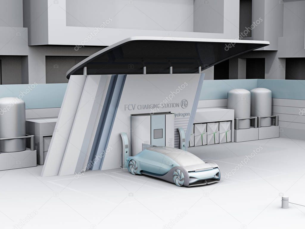 Fuel Cell powered autonomous car filling gas in Fuel Cell Hydrogen Station. Clay and transparent texture shading effect. 3D rendering image.