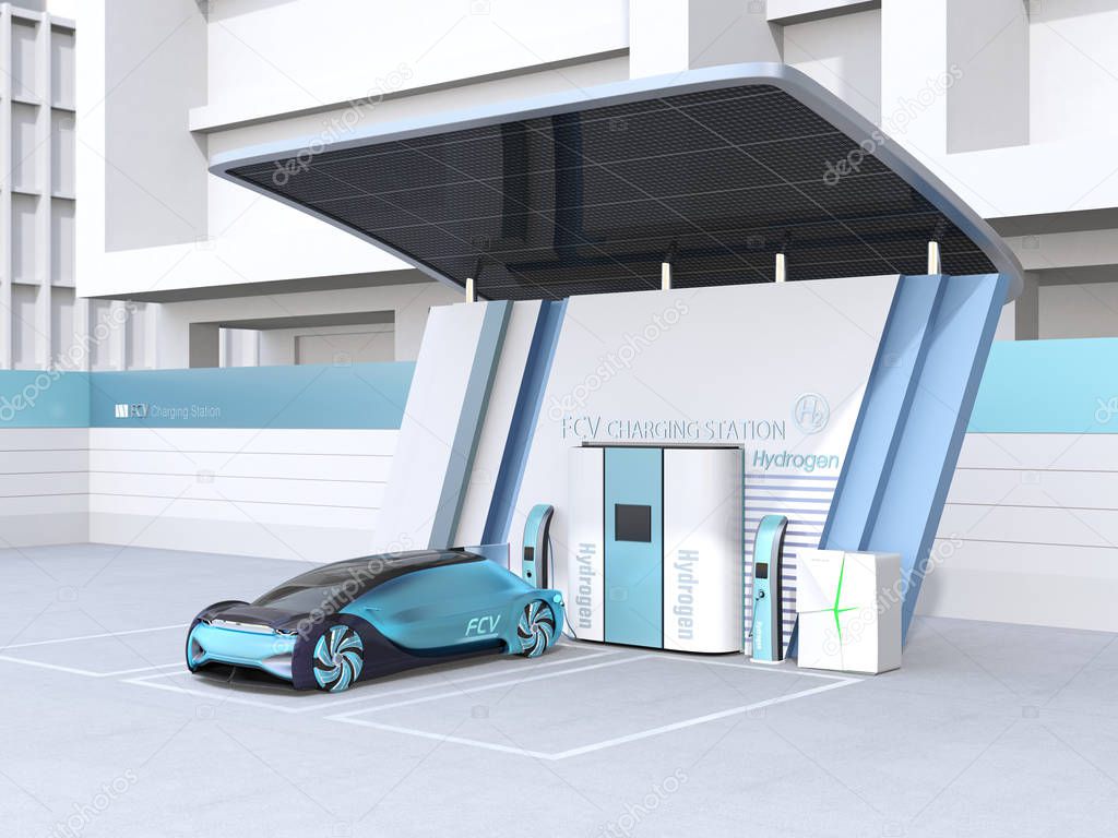 Fuel Cell powered autonomous car filling gas in Fuel Cell Hydrogen Station equipped with solar panels. 3D rendering image.