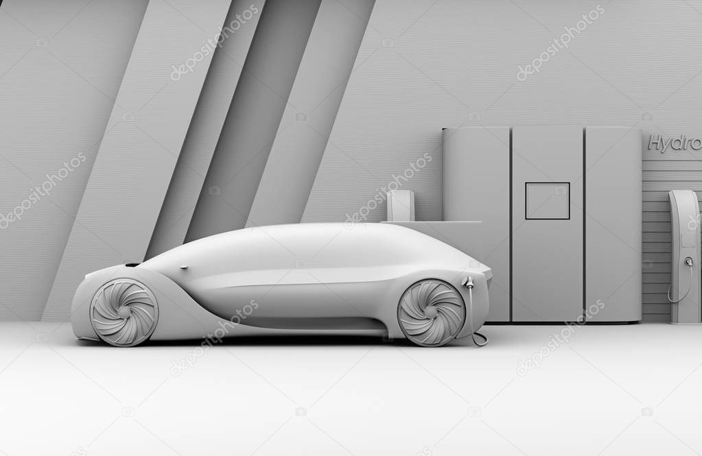 Clay rendering of Fuel Cell powered autonomous car filling gas in Fuel Cell Hydrogen Station. 3D rendering image.