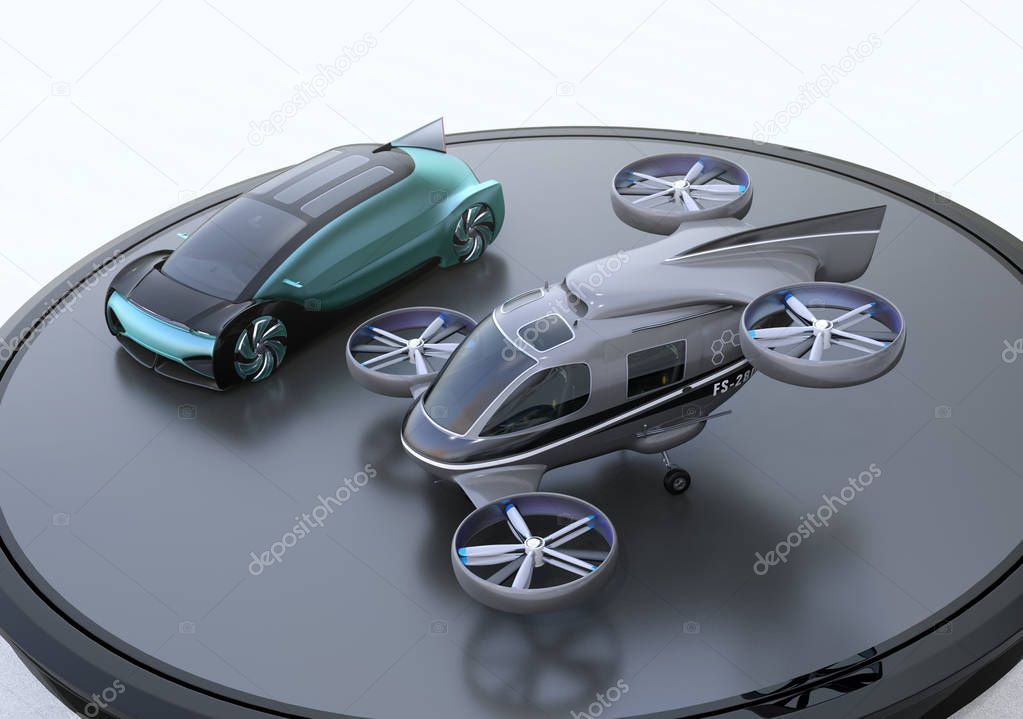 Metallic blue autonomous electric car and passenger drone parking on heliport. MaaS concept. 3D rendering image.