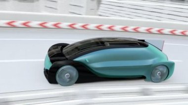 Otonom elektrikli araba otobanda siyah bir kamyonun yanından geçiyor. Kendi kendine giden Yolcu Drone Taksi arabanın üzerinde uçuyor. Maas kavramı. 3d render animasyonu.