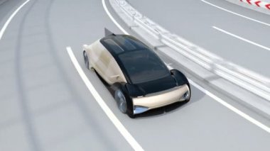 Otonom elektrikli araba otobanda siyah bir kamyonun yanından geçiyor. Kendi kendine giden Yolcu Drone Taksi arabanın üzerinde uçuyor. Maas kavramı. 3d render animasyonu.