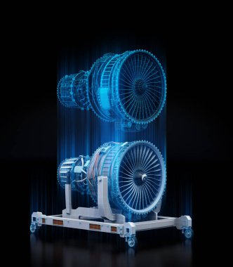 Wireframe rendering of turbojet engine and mirrored physical body on black background. Digital twin concept. 3D rendering image. clipart