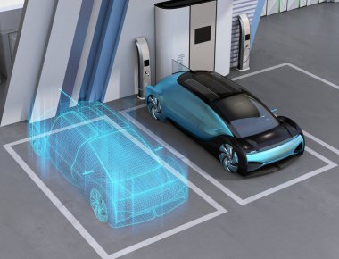 Yakıt Hücre Enerjili Özerk Araba Yakıt Hücresi Hidrojen İstasyonu 'nda kablo görüntüleme. Dijital İkiz konsepti. 3d görüntüleme.