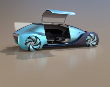 Degrade arka planda kendi kendine sürüş elektrikli araba Arka görünümü. Sağ kapı açıldı ve ön koltuklar geriye döndü. 3d render görüntüsü.