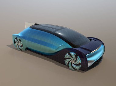 Degrade arka planda tel kafes deseni ile kendi kendine sürüş elektrikli araba. 3d render görüntüsü.