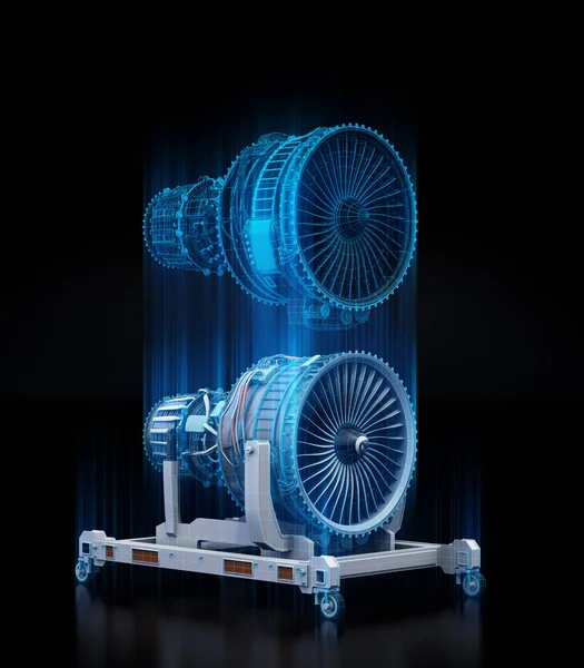 Turbo jet motorunun kablo çerçevesi ve siyah arka planda yansıtılan fiziksel vücut. Dijital ikiz kavramı. 3d görüntüleme.