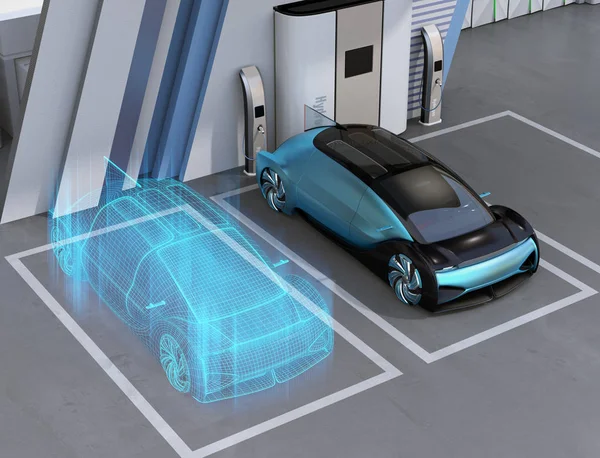 Wireframe rendering of Fuel Cell powered autonomous car in Fuel Cell Hydrogen Station. Digital Twin concept.  3D rendering image.