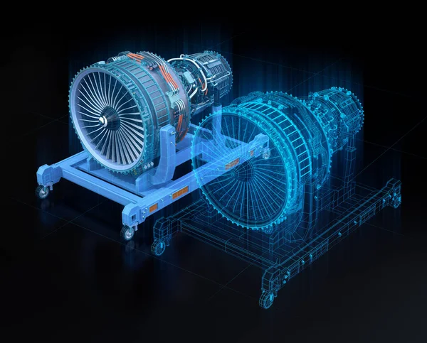 Turbo jet motorunun kablo çerçevesi ve siyah arka planda yansıtılan fiziksel vücut. Dijital ikiz kavramı. 3d görüntüleme.