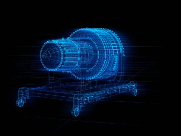 Wireframe rendering of turbojet engine on black background. Digital twin concept. 3D rendering image.