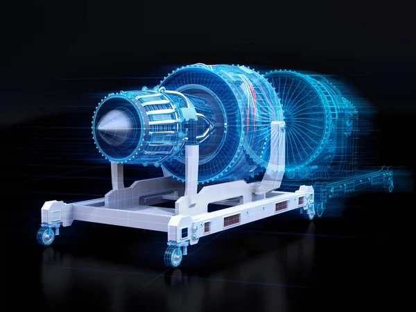 Wireframe Återgivning Turbojetmotor Och Speglade Fysisk Kropp Svart Bakgrund Digitalt — Stockfoto