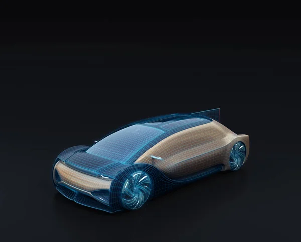 ブラックを背景に自動電気自動車のワイヤーフレームレンダリング デジタルツインのコンセプト 3Dレンダリング画像 — ストック写真