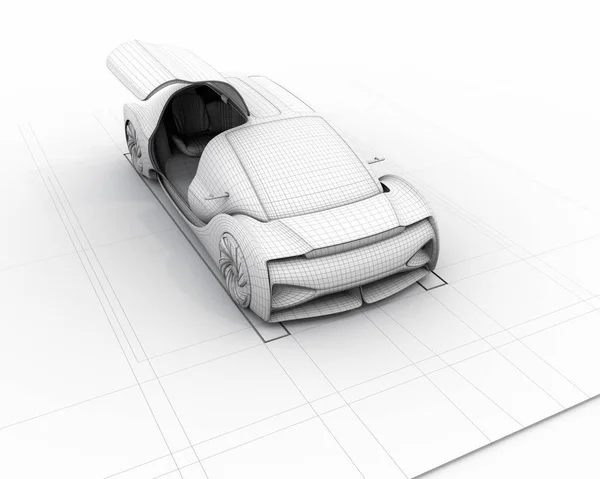 Clay Wireframe Rendering Van Elektrische Auto Met Rechter Deur Geopend — Stockfoto