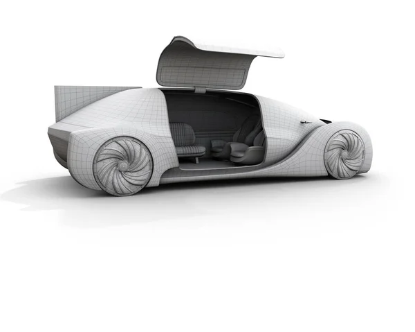 Clay Wireframe Rendering Van Elektrische Auto Met Rechter Deur Geopend — Stockfoto