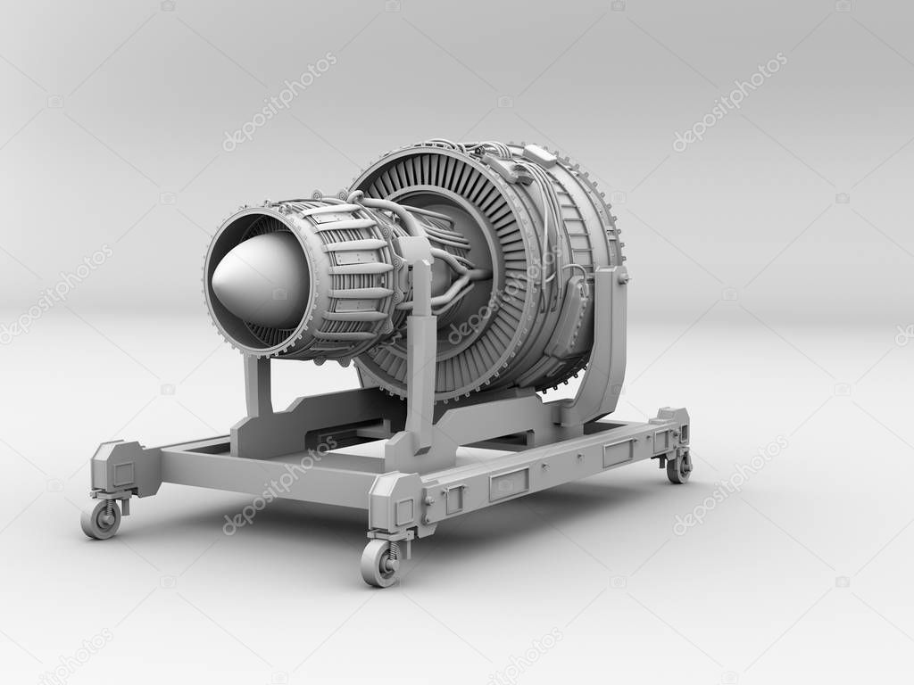 Clay rendering of turbojet engine on gray background. Rear view. 3D rendering image.