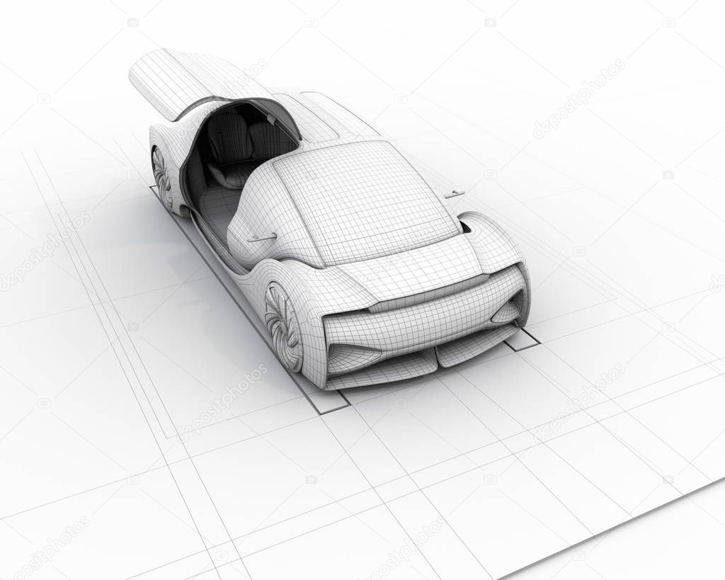 Clay wireframe rendering of Electric Car with right door opened. 3D rendering image.