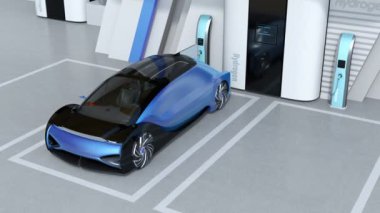 Yakıt Hücre Enerjili Özerk Araba Yakıt Hücresi Hidrojen İstasyonu 'nda kablo görüntüleme. Dijital İkiz konsepti. 3d canlandırma canlandırması.