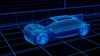 Otoyolda giden otonom elektrikli arabanın kablo çerçevesi. Dijital İkiz konsepti. 3d canlandırma canlandırması.
