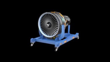Siyah zemin üzerinde turbo jet motorunun kablo çerçevesi. Dijital ikiz kavramı. 3d canlandırma canlandırması.