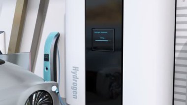 Fuel Cell destekli otonom araba Yakıt Hücresi Hidrojen İstasyonu'nda gaz dolum. 3d render animasyonu.