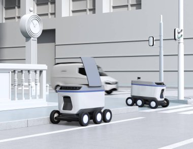 Sokakta hareket eden kendi kendine giden teslimat robotları. 3d render görüntüsü.
