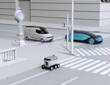 Yol kenarında hareket eden kendi kendine giden teslimat robotu. Teslimat minivan ve kendi kendine sürüş sedan kavşak geçen. 3d render görüntüsü.