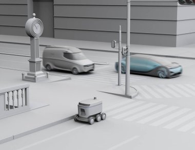 Yol kenarında hareket eden kendi kendine giden teslimat robotu. Yumuşak tekstüre ile kil işleme. 3d render görüntüsü.