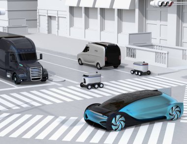 Kendi kendine giden teslimat robotu bir yaya geçidi ile yoldan geçiyor. Yol kenarında teslimat minivan otopark. 3d render görüntüsü.