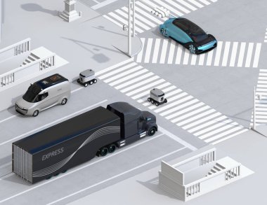 Kendi kendine giden teslimat robotunun izometrik görünümü bir yaya geçidi ile yoldan geçiyor. 3d render görüntüsü.